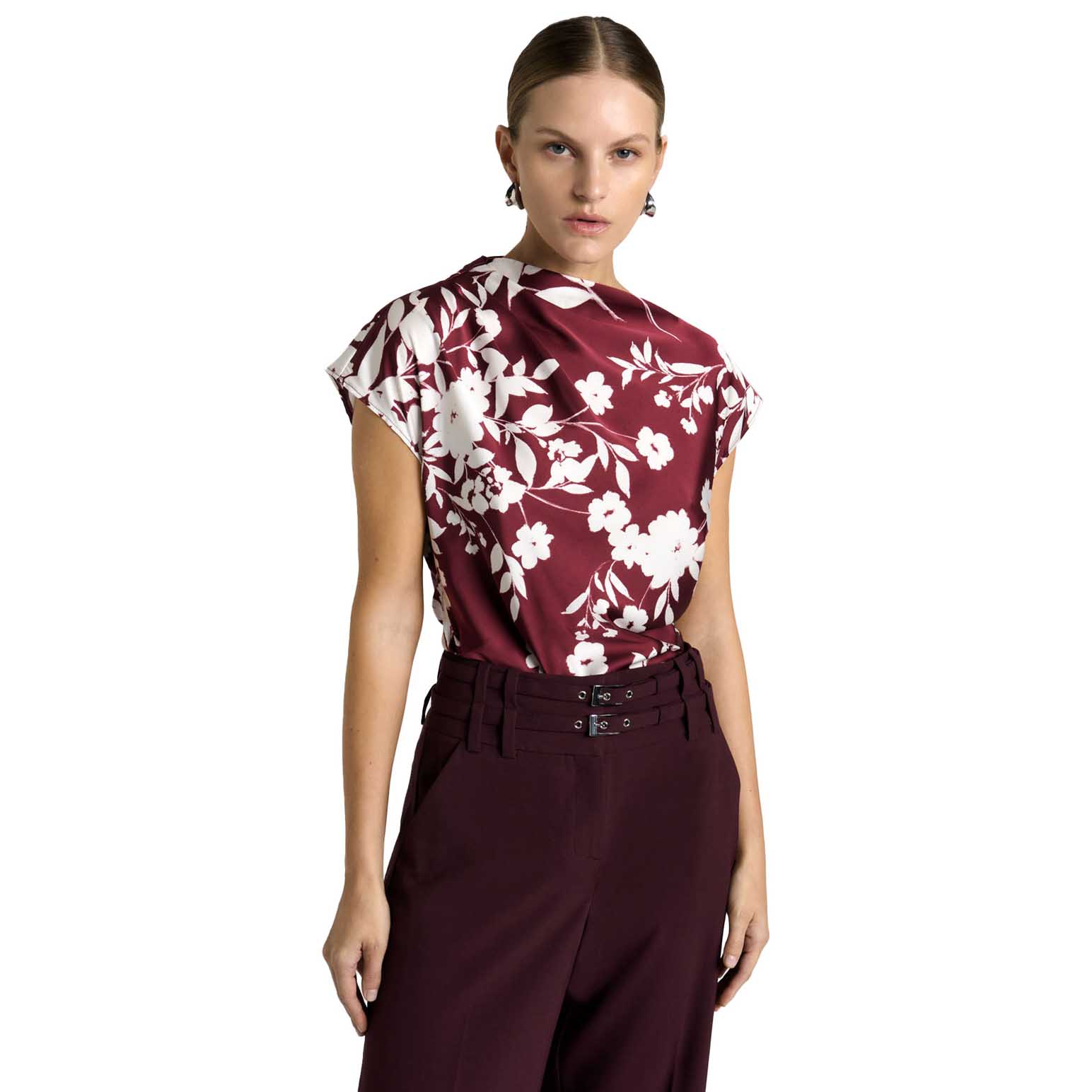 Cue Plum Stencil Floral Draped Top